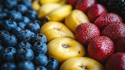 Close-up of vibrant blueberries, yellow peaches, and red strawberries arranged in neat rows