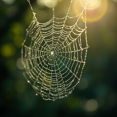 A delicate spider web covered in dew drops glistens in soft morning or evening light. The intricate details and bokeh background create a mystical atmosphere.