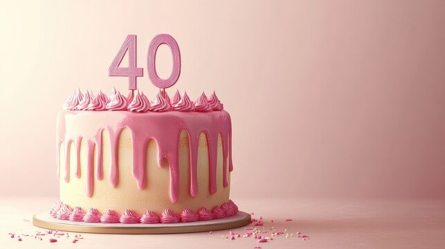 Illustration of decorated pink cake for birthday or anniversary party. Number 40, fortieth birthday celebration