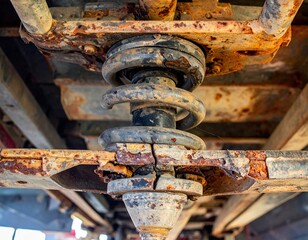 Rusty shock absorber in worn suspension system of old vehicle
