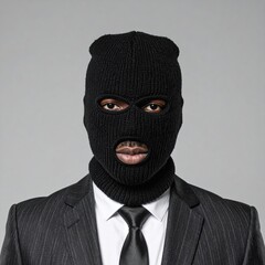 Young african male in suit wearing black balaclava mask