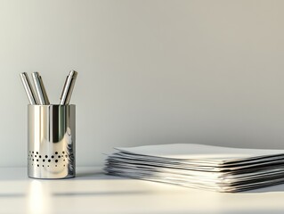 A simple yet modern office desk featuring a stack of documents a polished pen holder, neutral lighting enhancing the minimalistic