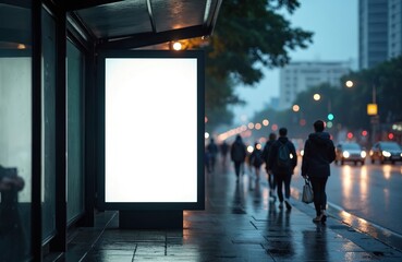 Blank vertical advertising poster mockup at bus stop. Out-of-home OOH billboard media display space. City street background. Public transport branding. Night time photo in rain. People walking down