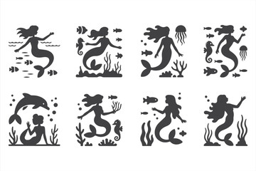 Ocean Life and Fantasy Icons: Mermaids, Crabs, Seahorses, and Pirate Ship Illustrations