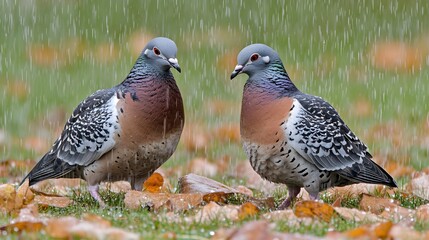 Fototapeta premium Two Wood Pigeons in the Rain Autumn Leaves