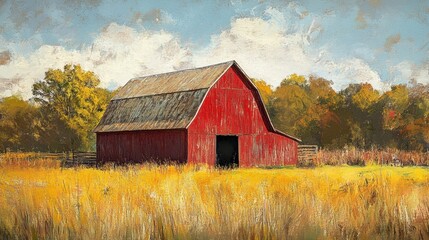 Rustic red barn in a golden field under a hazy sky.