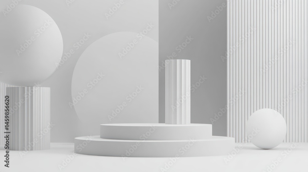 Aufkleber monochromatic minimalist 3d render: geometric shapes and architectural elements in a clean white stu