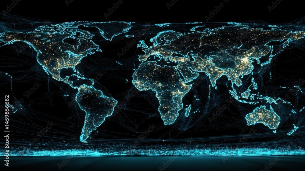 Poster blue digital world map with glowing network lines and data points, ideal for global communication an