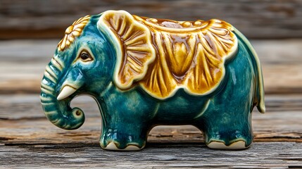 Fototapeta premium Teal and Gold Ceramic Elephant Figurine Ornament