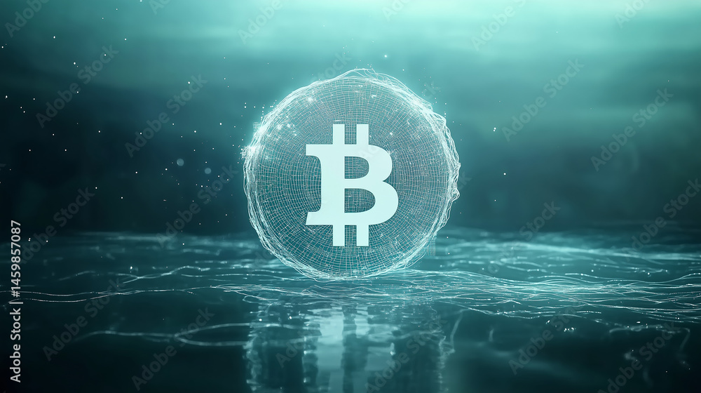Poster digital representation of bitcoin symbol surrounded by glowing network sphere, set against tranquil 