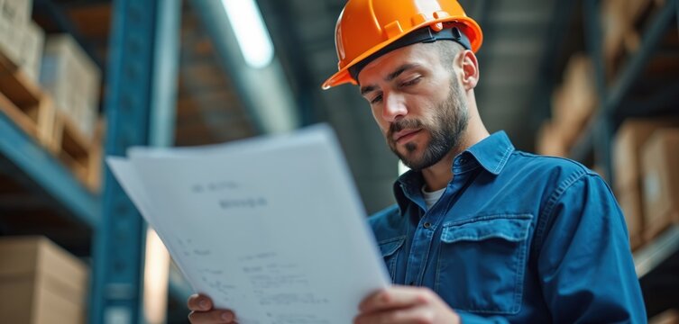 Construction worker reads documents, wearing helmet, protective clothing in industrial warehouse. Male engineer studies blueprint for building project. Professional manual labor job concept with