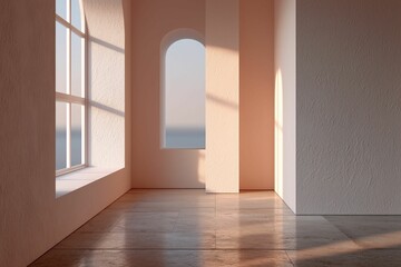 AI-generated minimalist interior with sunlight casting shadows through large arched windows