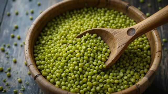 Mung beans in wooden bowl with wooden spoon