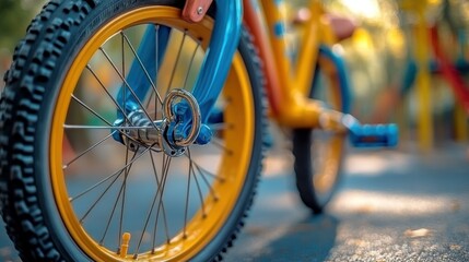 Naklejka premium Close-up of colorful kids' bike wheel