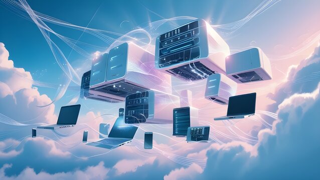Futuristic Cloud Computing with Floating Servers and Data Transfer Visualization | AI iamge Generated