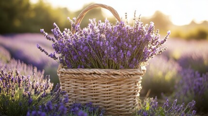 Fototapeta premium A woven basket filled with vibrant lavender blooms in a field.
