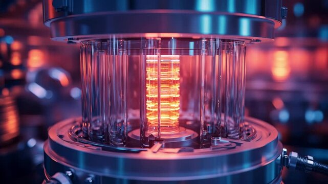 Close-up CGI of a micro-reactor core with visible cooling channels and glowing neutron shield, showcasing futuristic nuclear technology design with precision engineering and schematic lighting.