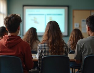 Teens attend driver education lecture at school. Students view projected presentation on wall. Car safety, traffic laws, road rules study in classroom. Education, learning new skills for exam,