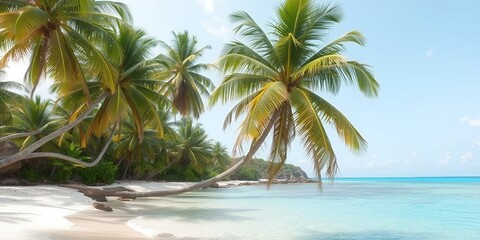 Fototapeta premium Idyllic Tropical Beach Scene Palm Trees Swaying on White Sand Beside Turquoise Ocean