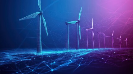 Futuristic wind turbines on a glowing network.