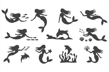 Silhouette Icons of Mermaids, Crabs, Seahorses, and Pirate Ship for Fantasy and Ocean Art