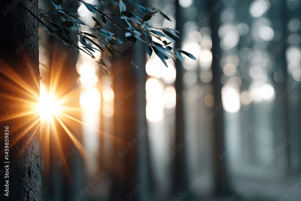 Poster sunlight filtering through trees creates a vibrant and warm atmosphere in a serene forest setting