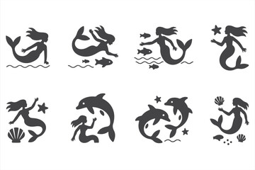 Mermaid and Sea Creature Silhouettes with Pirate Ship for Fantasy and Ocean Themes