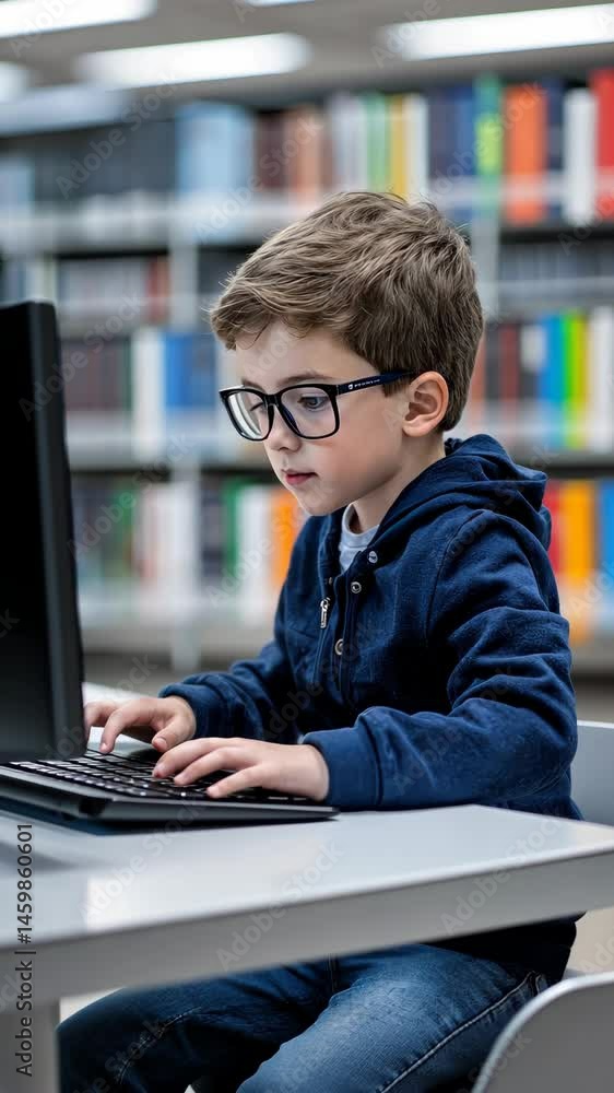 Poster a young boy intently types on a keyboard at a library desk surrounded by bookshelves filled with var