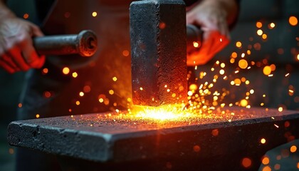 Blacksmith hammers hot metal ingot on anvil creating sparks. Close-up action of metal forging process, heat and energy. Traditional craft of shaping metal at workshop.