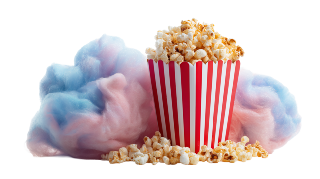 Colorful popcorn box with cotton candy against a white background featuring vivid studio lighting