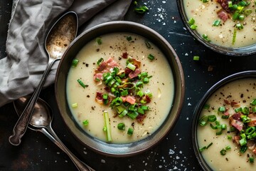 moody editorial food composition featuring creamy cabbage and leek soup topped with bacon in bowl styled with dark tones and high quality clean rustic presentation