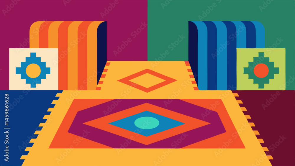 Poster rug and mat display a colorful array of area rugs layered on the floor all uniquely patterned with s