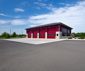 Fire station with bright red doors under a clear blue sky during daytime hours