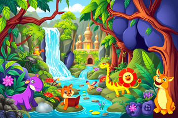 Vibrant Jungle Scene with Animals and Ancient Temple by a Serene Waterfall