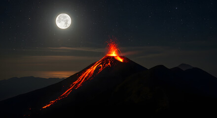 Volcano Eruption at Night Under a Bright Moon