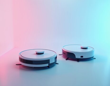 Twin robotic vacuum cleaners with neon blue, pink lighting in futuristic smart home setting. Automated home cleaning technology. Innovative convenience for modern living. Minimalist design of smart