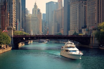Michigan Avenue Bridge Over the Chicago River, a Majestic Drawbridge Welcoming Yachts and Boats in the Heart of America