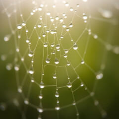 A delicate spider web covered in dew drops glistens in soft morning or evening light. The intricate details and bokeh background create a mystical atmosphere.