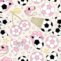 Obraz premium Retro Coquette Pink Girlie Soccer team vector seamless pattern. Girl Sports Game Season Mom background.