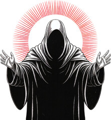 Mystic Hooded Figure with Radiant Halo &ndash; Dark Occult Art isolated on white transparent background clipart PNG