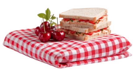 Delightful picnic spread featuring red gingham cloth with sandwiches and fresh berries