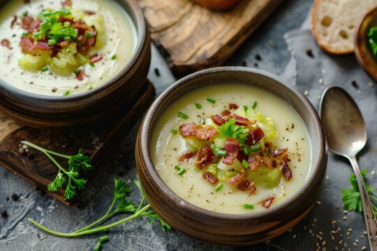 rich and creamy leek cabbage and bacon soup styled in moody food layout served in dark bowl with crispy bacon on top for high resolution stock imagery