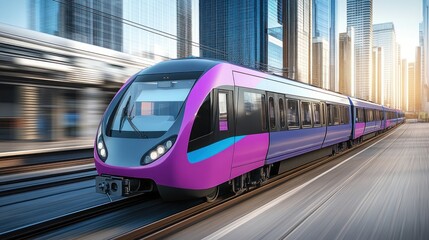 Naklejka premium Modern purple train speeding through city.