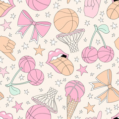 Retro Coquette Pink Girlie Basketball team vector seamless pattern. Girl Sports Game Season Mom background.