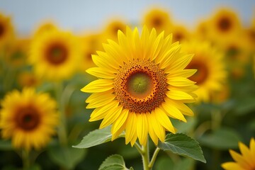 Fototapeta premium Incredible close-up of a blooming sunflower with a vibrant yellow center, set against a breathtaking backdrop of a sunflower field in full bloom.