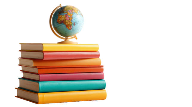 Colorful stack of books topped with a globe under warm study lighting on a white background