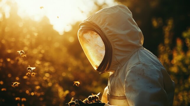 Protective beekeeper surrounded by buzzing honeybees at golden hour.