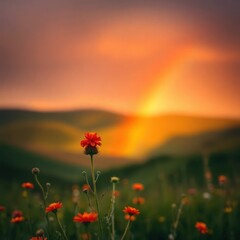 Single orange flower in field at sunset with rainbow.