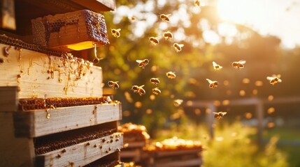 Honeybees swarming around a wooden beehive in golden sunlight.