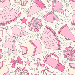 Retro Coquette Pink Girlie Cheerleading cheerleader team vector seamless pattern. Girl Sports Game Season Mom background.